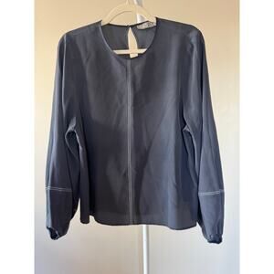 Go by GoSilk 100% Silk Minimalist Modern Blue Grey Contrast Stitching Blouse - M